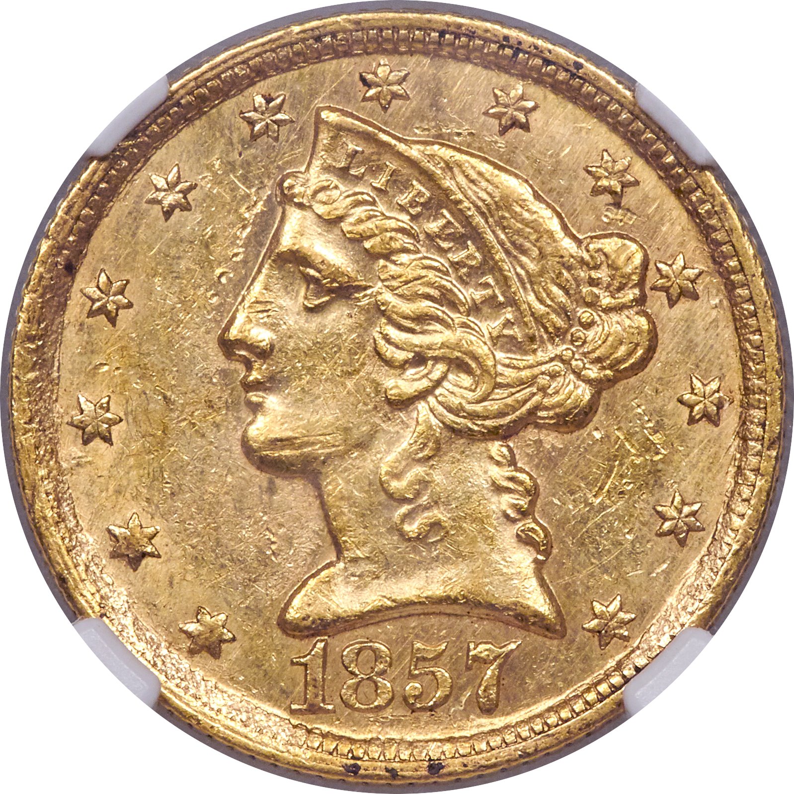 image for: 1857-C $5 MS61 NGC. Variety 1....