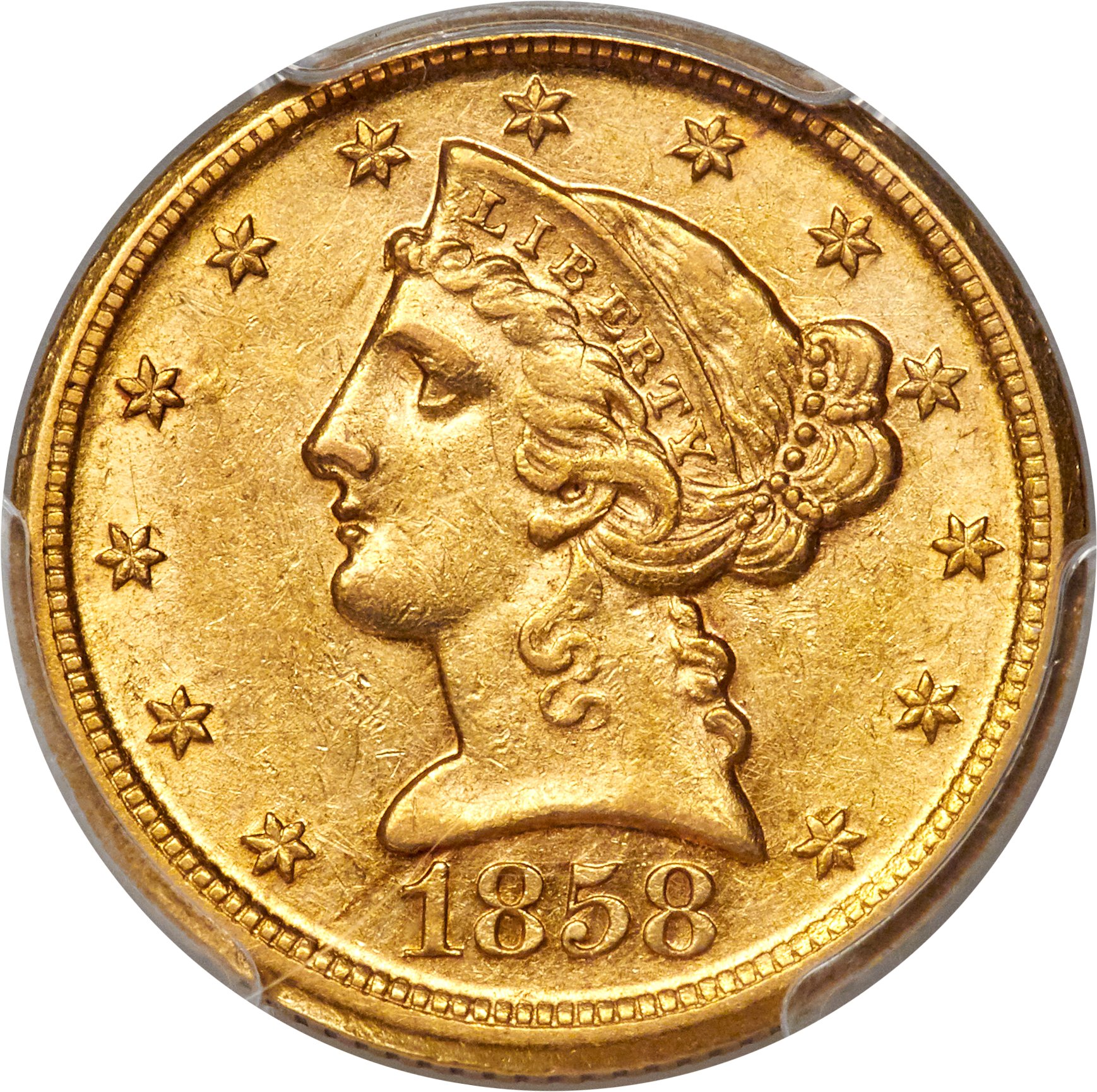 image for: 1858-D $5 AU58 PCGS. Variety 43-HH....