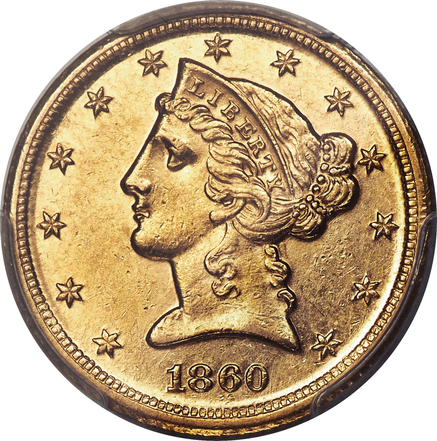 image for: 1860-D $5 Medium D MS61 PCGS. Variety 46-GG....