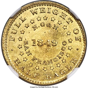 image for: 1849 $5 Norris, Gregg, & Norris Five Dollar, Plain Edge, MS61 NGC. K-2, R.5....