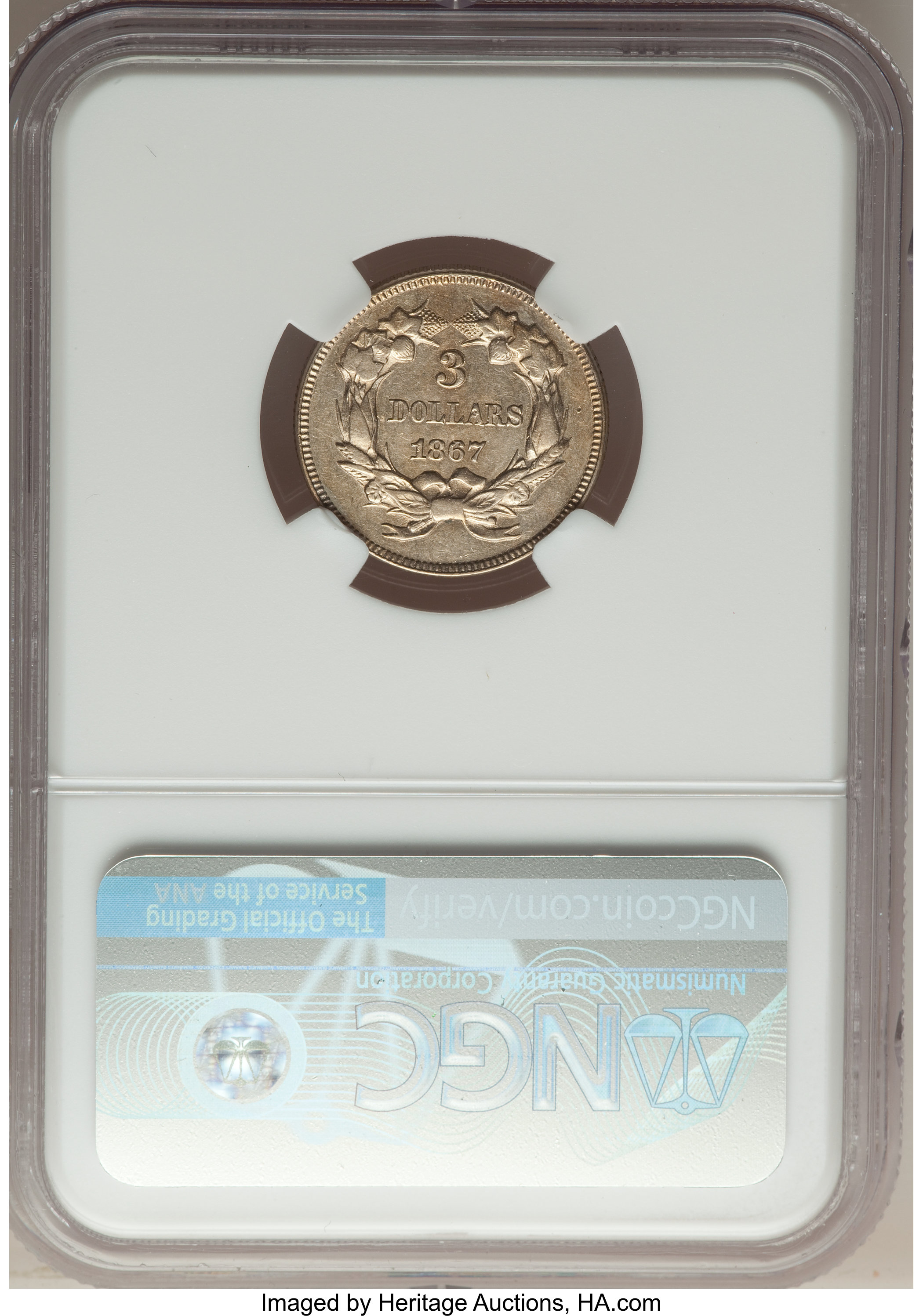 image for: 1867 $3 Three Dollar, Judd-597, Pollock-661, R.8, PR58 NGC....