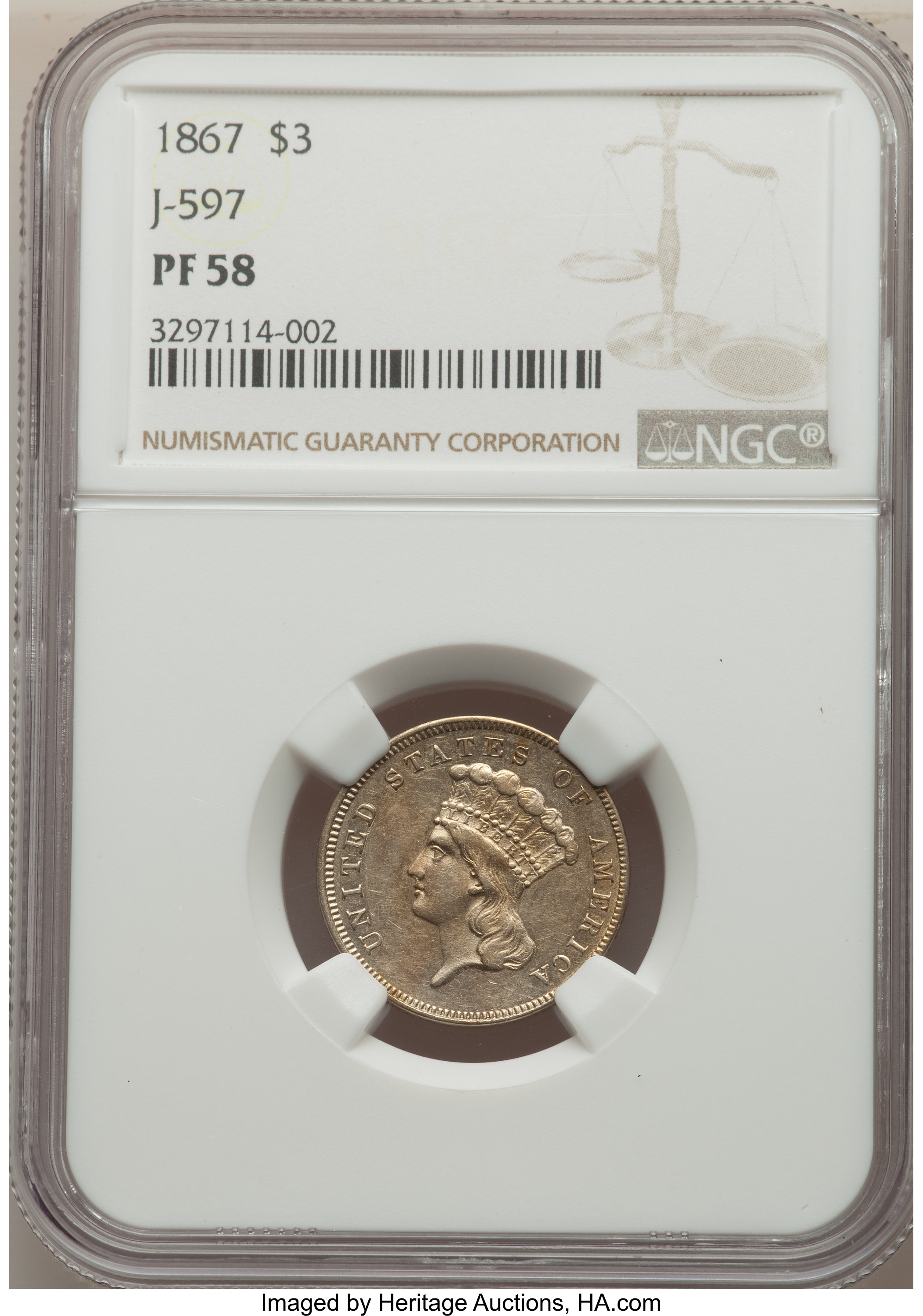 image for: 1867 $3 Three Dollar, Judd-597, Pollock-661, R.8, PR58 NGC....