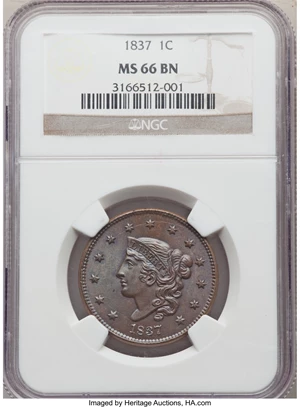 image for: 1837 1C Plain Cords, Medium Letters, N-4, R.2, MS66 Brown NGC....