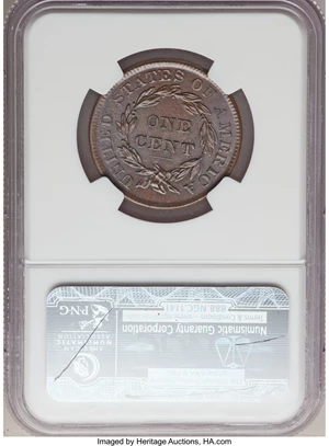 image for: 1837 1C Plain Cords, Medium Letters, N-4, R.2, MS66 Brown NGC....