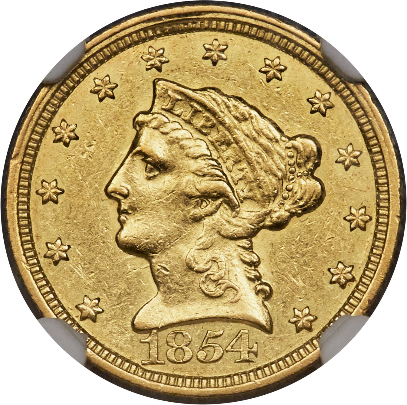 image for: 1854-C $2 1/2 AU50 NGC. Variety 1....