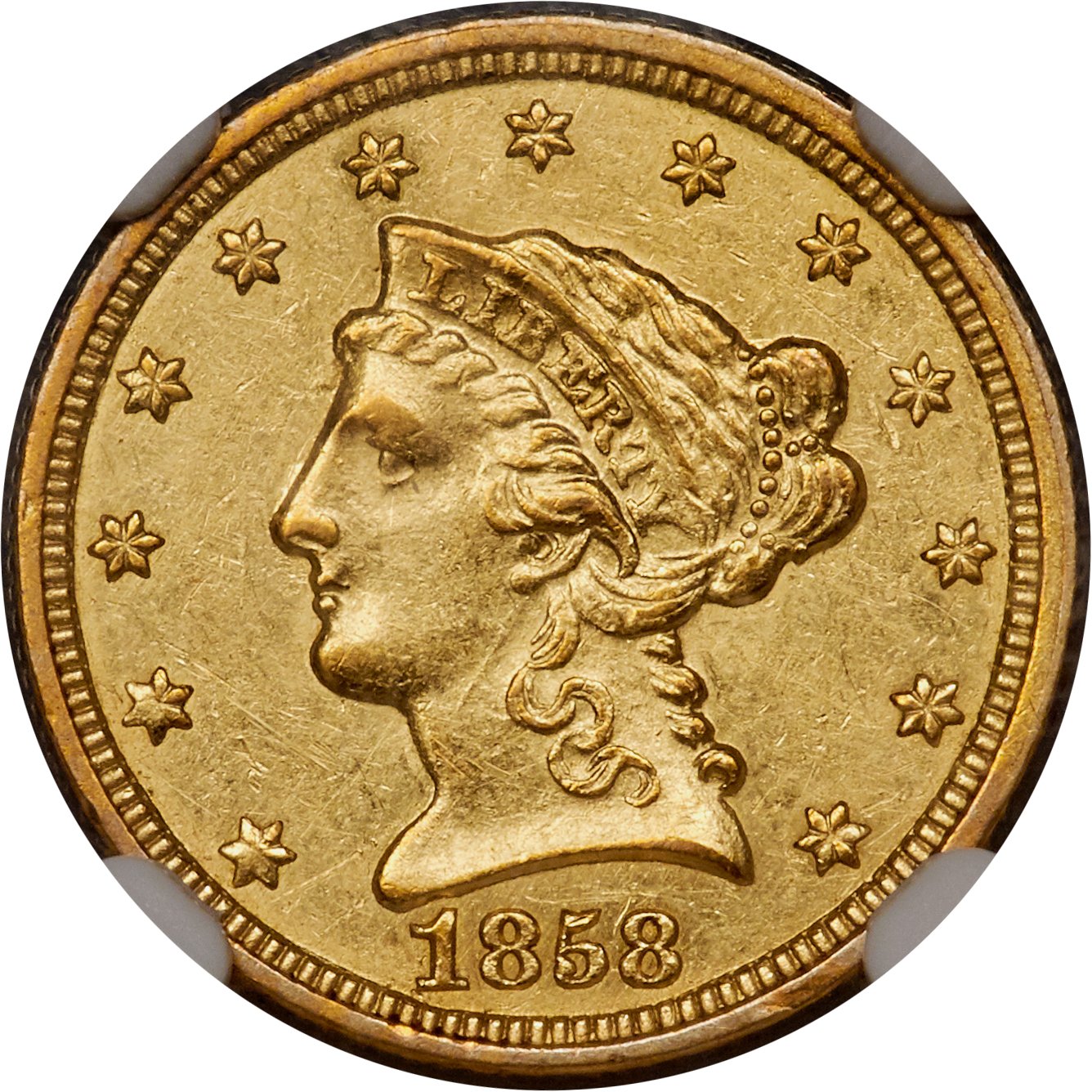 image for: 1858-C $2 1/2 AU58 NGC. Variety 1....