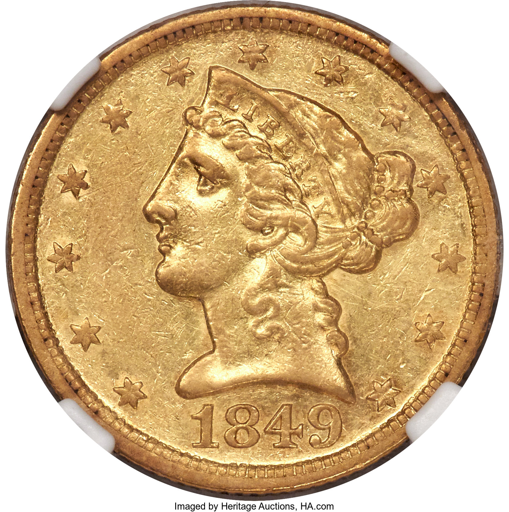 image for: 1849-D $5 AU53 NGC. Variety 25-S....