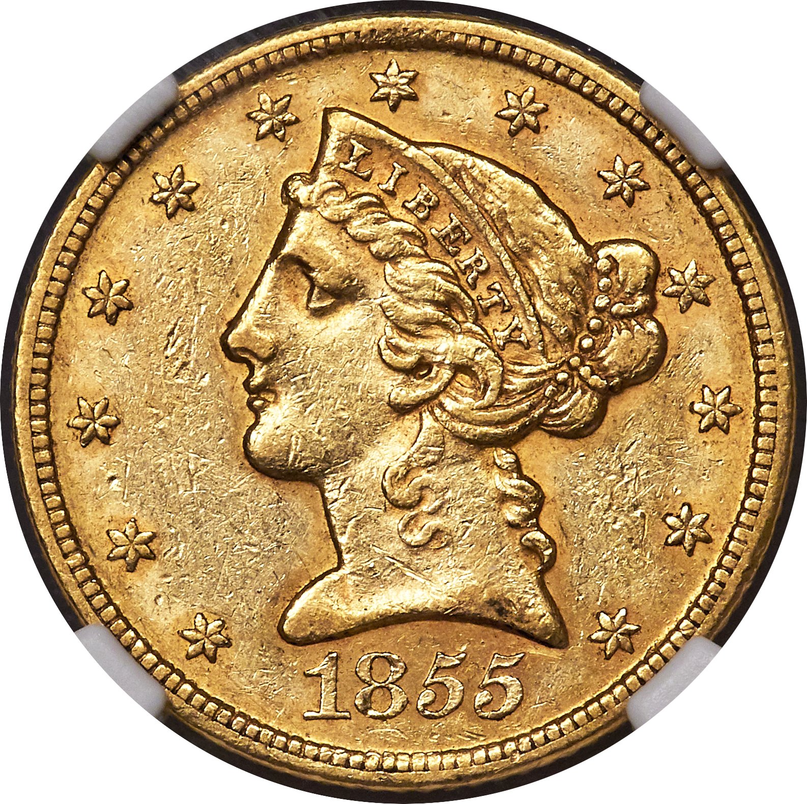 image for: 1855-S $5 AU55 NGC....