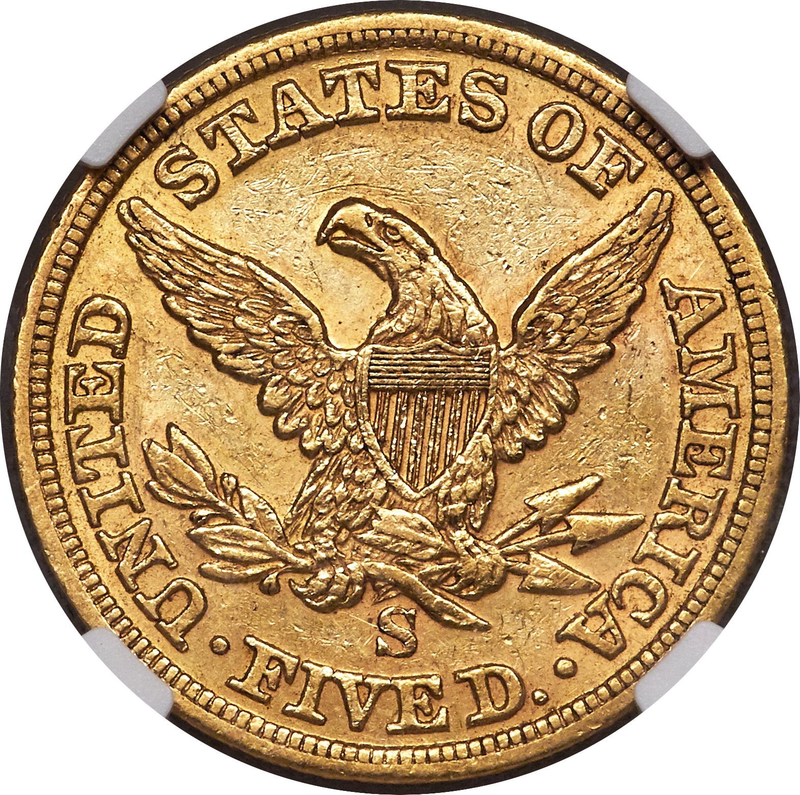 image for: 1855-S $5 AU55 NGC....