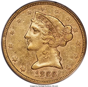 image for: 1866 $5 AU50 PCGS....