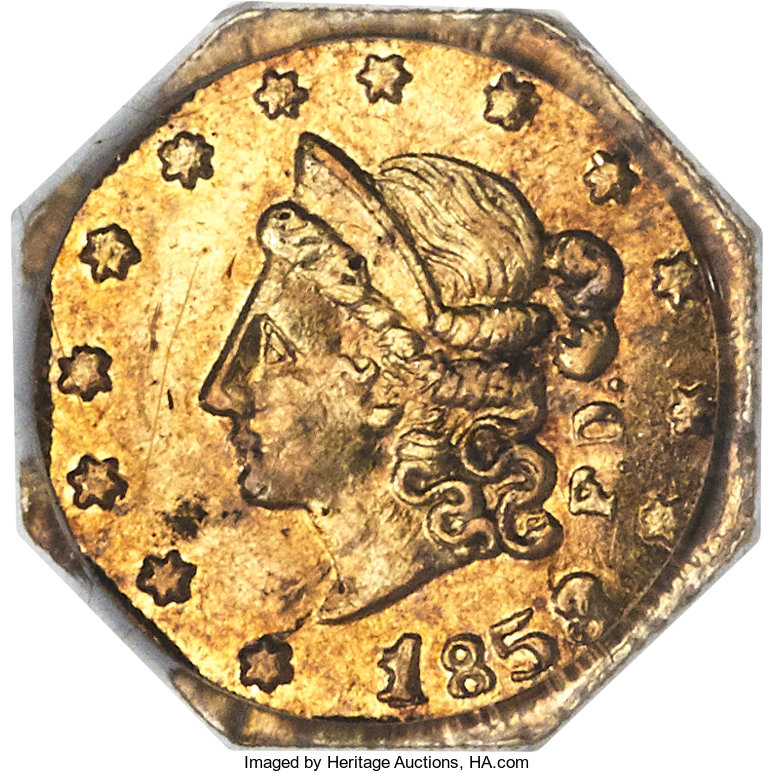 image for: 1853 50C Octagonal Liberty, Peacock Reverse, 50 Cents, BG-302, Low R.4, MS63 PCGS....