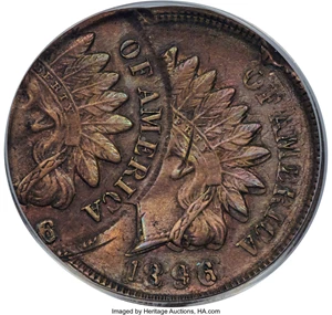 image for: 1896 1C Indian Cent -- Quadruple Struck, Final Strike Off Center -- AU53 PCGS....