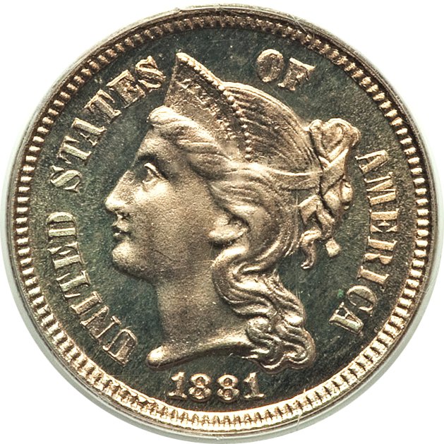 image for: 1881 3CN PR67 Cameo PCGS. CAC. PCGS Population: (40/4). NGC Census: (30/10). PR67....
