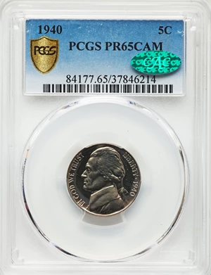 image for: 1940 5C PR65 Cameo PCGS Secure. CAC. PCGS Population: (7/0 and 0/0+). NGC Census: (0/4 and 0/0+). PR65. ...