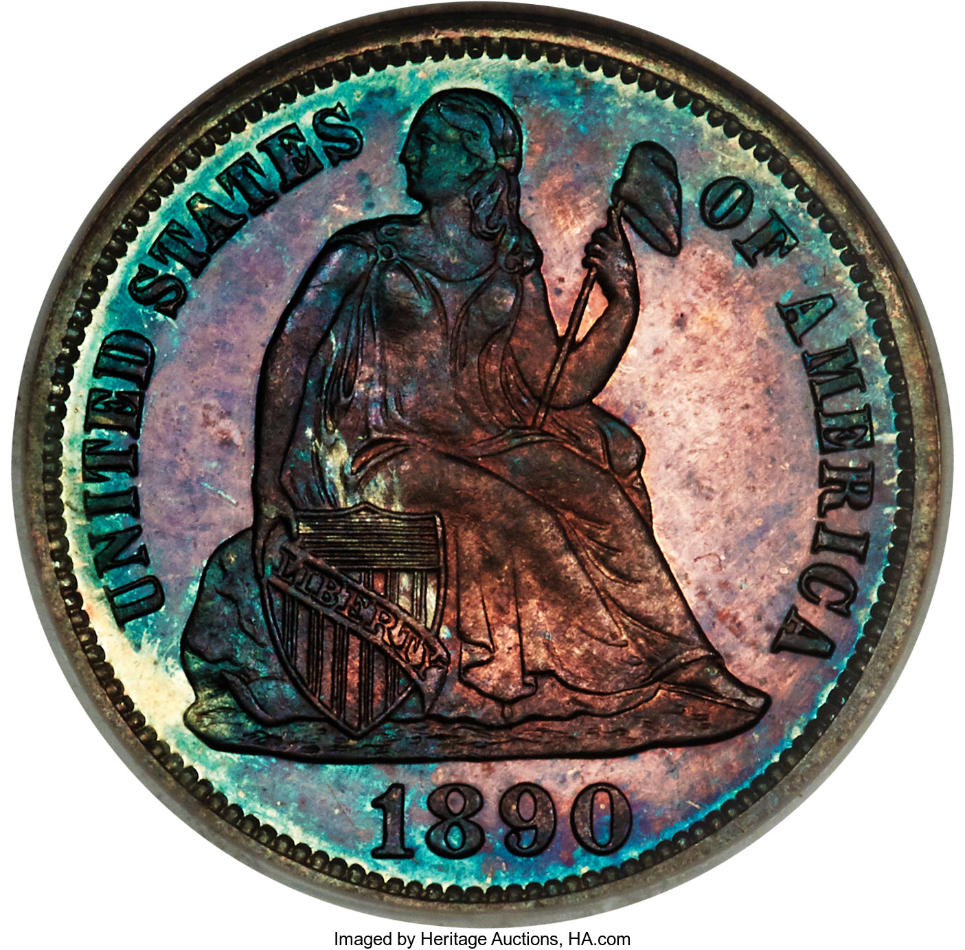 image for: 1890 10C PR65 NGC. Gold CAC. NGC Census: (23/30). PCGS Population: (25/29). PR65. Mintage 590. ...