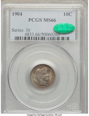 image for: 1904 10C MS66 PCGS. CAC. PCGS Population: (10/2). NGC Census: (6/0). CDN: $1,200 Whsle. Bid for problem-free NGC/PCGS MS66....