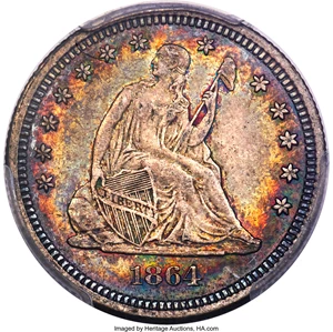 image for: 1864 25C AU50 PCGS Secure. PCGS Population: (4/68 and 0/3+). NGC Census: (2/45 and 0/1+). CDN: $650 Whsle. Bid for problem-...