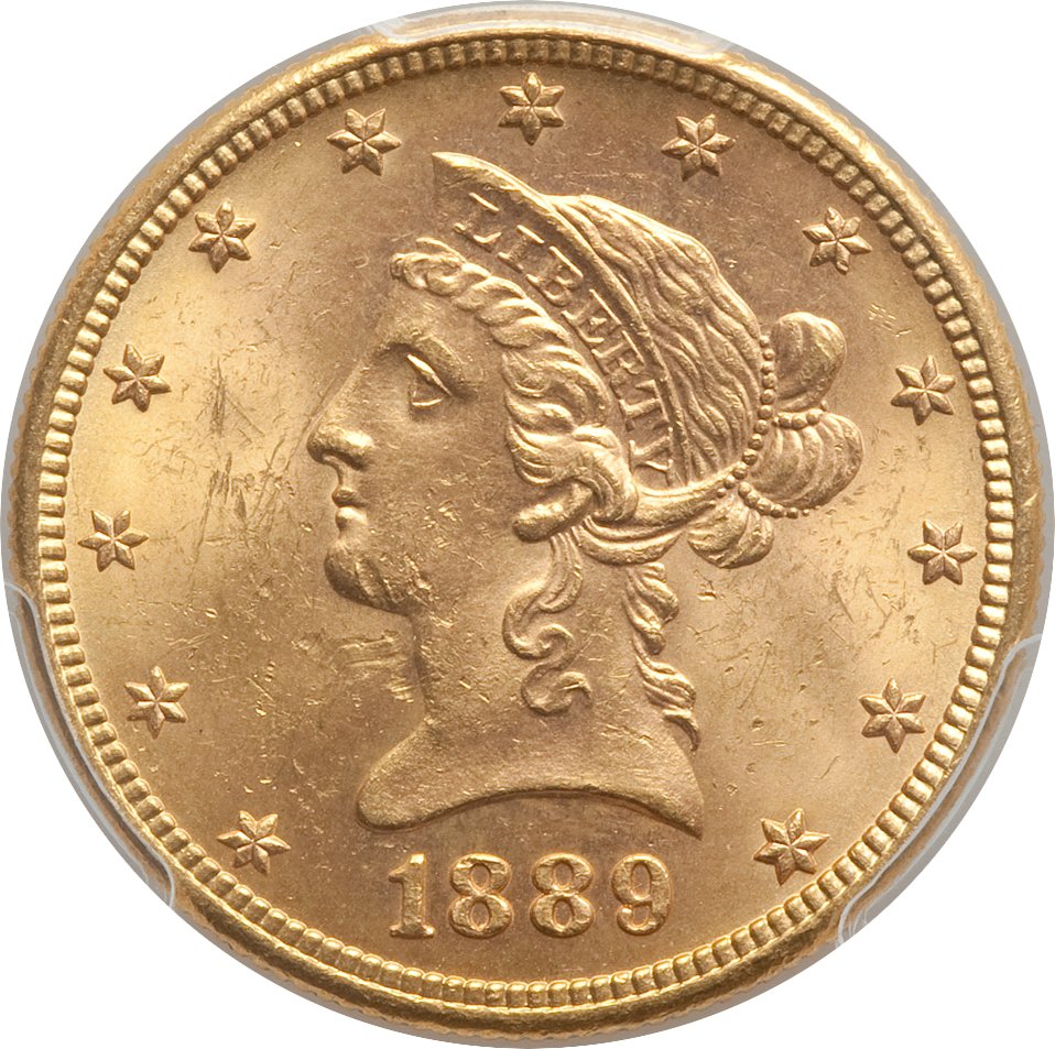 image for: 1889-S $10 MS63 PCGS. PCGS Population: (264/21). NGC Census: (100/8). CDN: $900 Whsle. Bid for problem-free NGC/PCGS MS63. ...