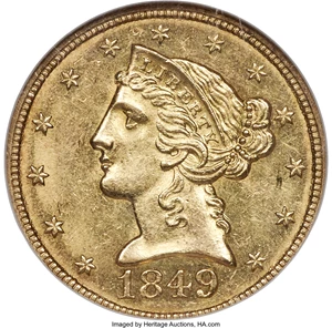 image for: 1849-C $5 MS62 NGC. Variety 1....