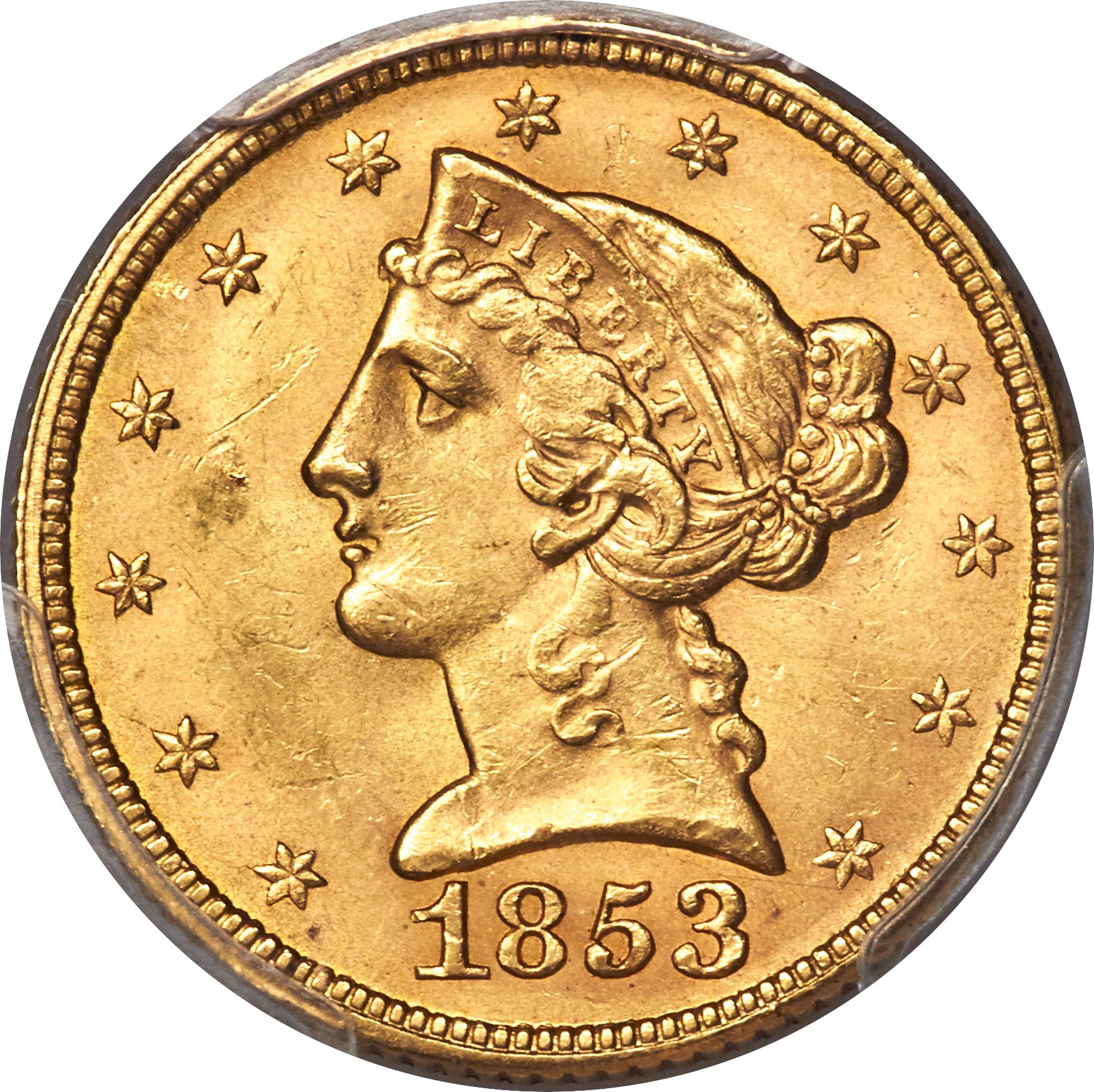 image for: 1853 $5 MS63+ PCGS....