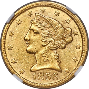 image for: 1856-C $5 AU58 NGC. Variety 1....