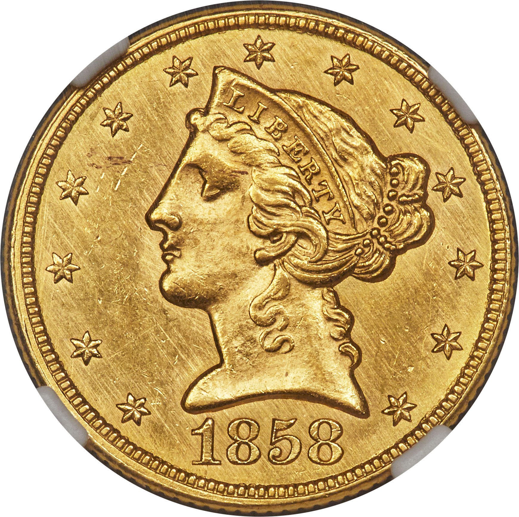 image for: 1858 $5 MS63 NGC....