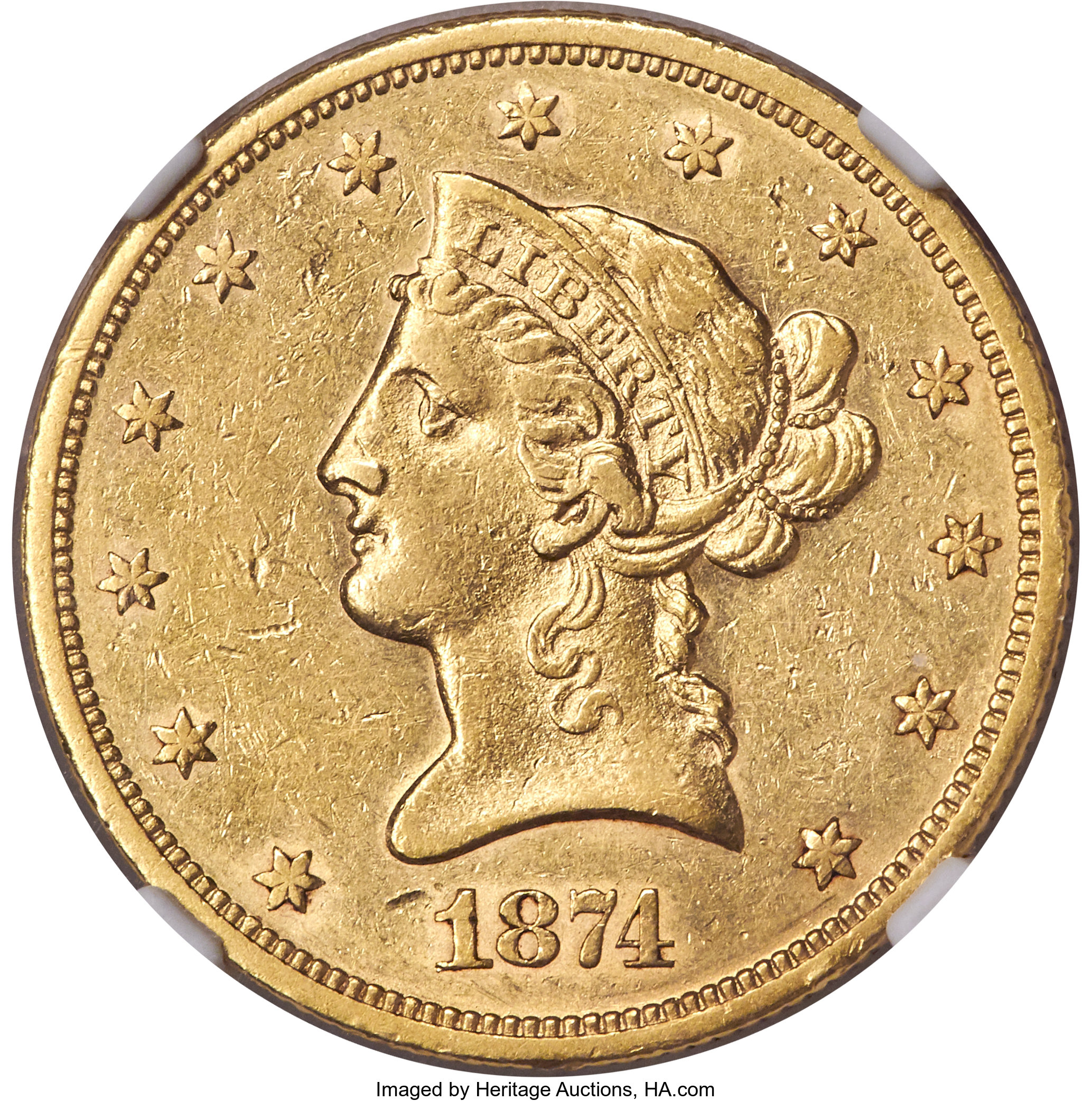 image for: 1874-S $10 AU55 NGC....