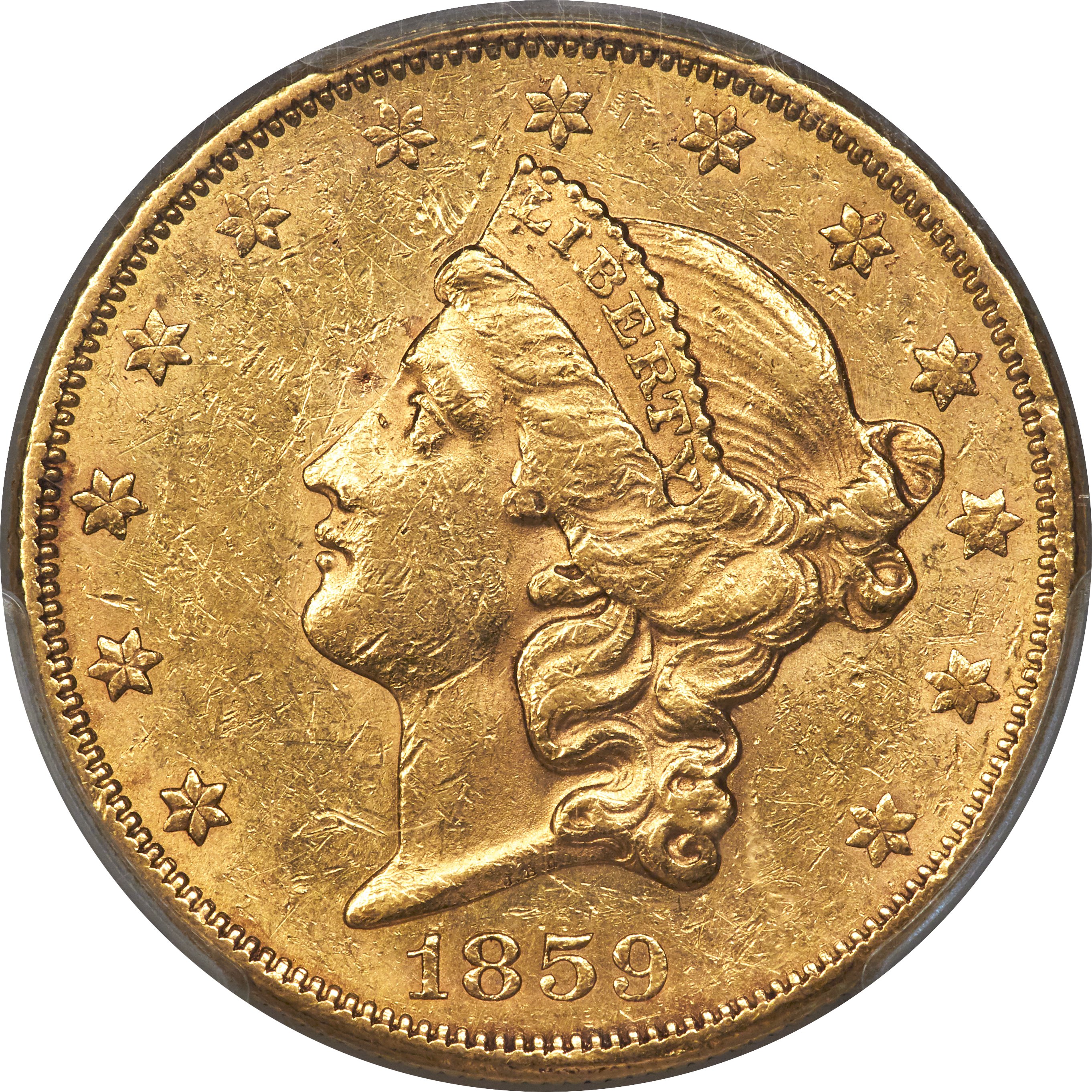 image for: 1859 $20 AU55 PCGS. Repunched Date, Breen-7195....