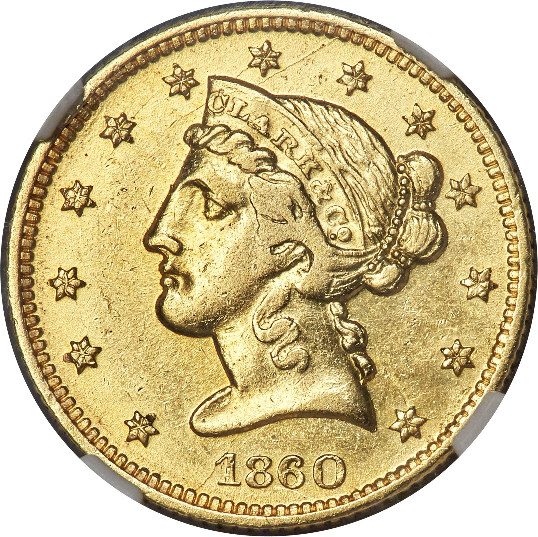 image for: 1860 $5 Clark, Gruber & Co. Five Dollar AU53 NGC. Kagin-2, R.4....