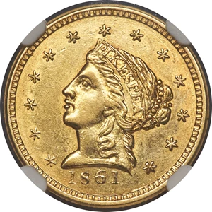 image for: 1861 $2 1/2 Clark, Gruber & Co. Quarter Eagle MS61 NGC. K-5, R.4. ...