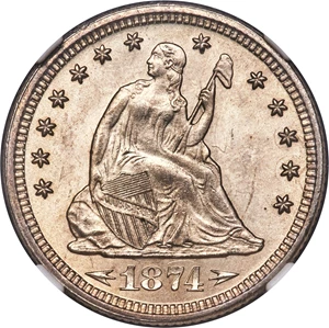 image for: 1874 25C Arrows MS65+ NGC. Briggs 4-C....