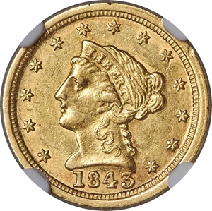 image for: 1843-C $2 1/2 Large Date, Plain 4, AU55 NGC. Variety 1....