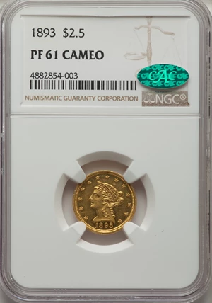 image for: 1893 $2 1/2 PR61 Cameo NGC. CAC. JD-1, R.5....