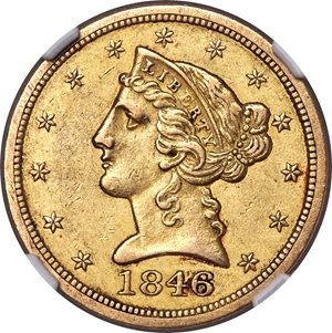 image for: 1846-O $5 AU53 NGC. Variety 3....