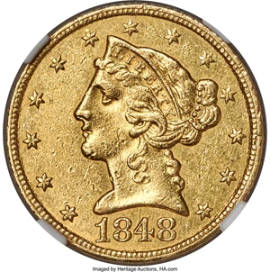image for: 1848-C $5 AU55 NGC. Variety 1....