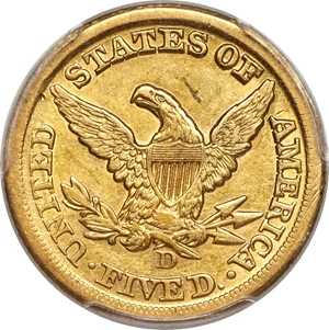 image for: 1857-D $5 XF45 PCGS. Variety 41-HH....