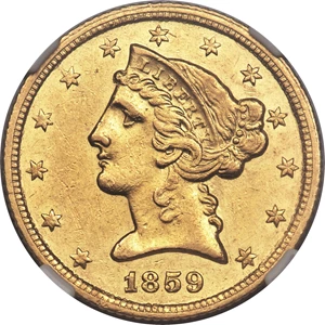 image for: 1859-C $5 AU55 NGC. Variety I....