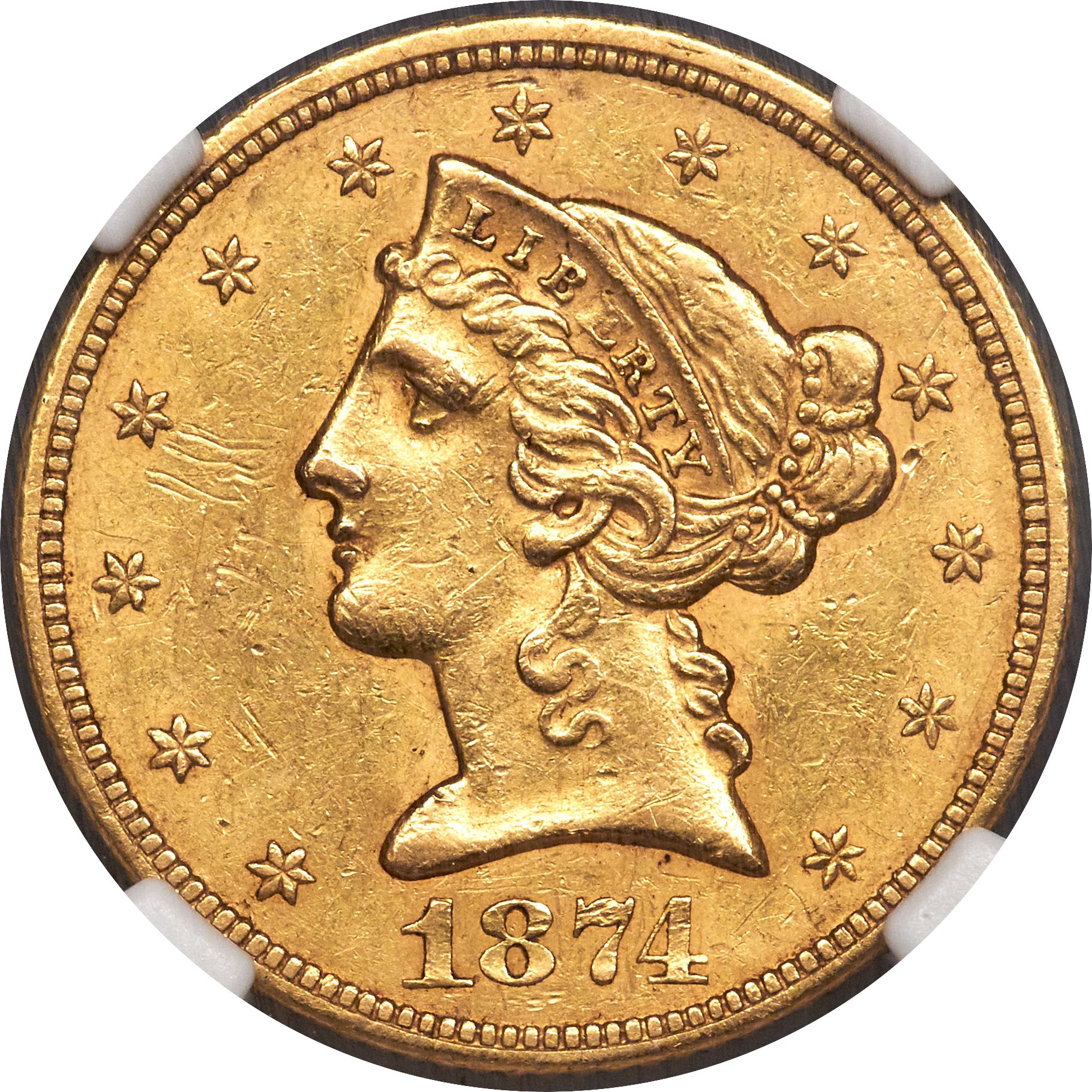 image for: 1874-S $5 AU55 NGC....