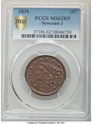 image for: 1838 1C N-3, R.1, MS62 Brown PCGS. PCGS Population: (2/7 and 0/0+). NGC Census: (3/4 and 0/0+). MS62. Mintage 6,370,200....