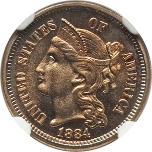 image for: 1884 3CN PR67 NGC. CAC. NGC Census: (32/0). PCGS Population: (60/2). PR67. Mintage 3,942. ...