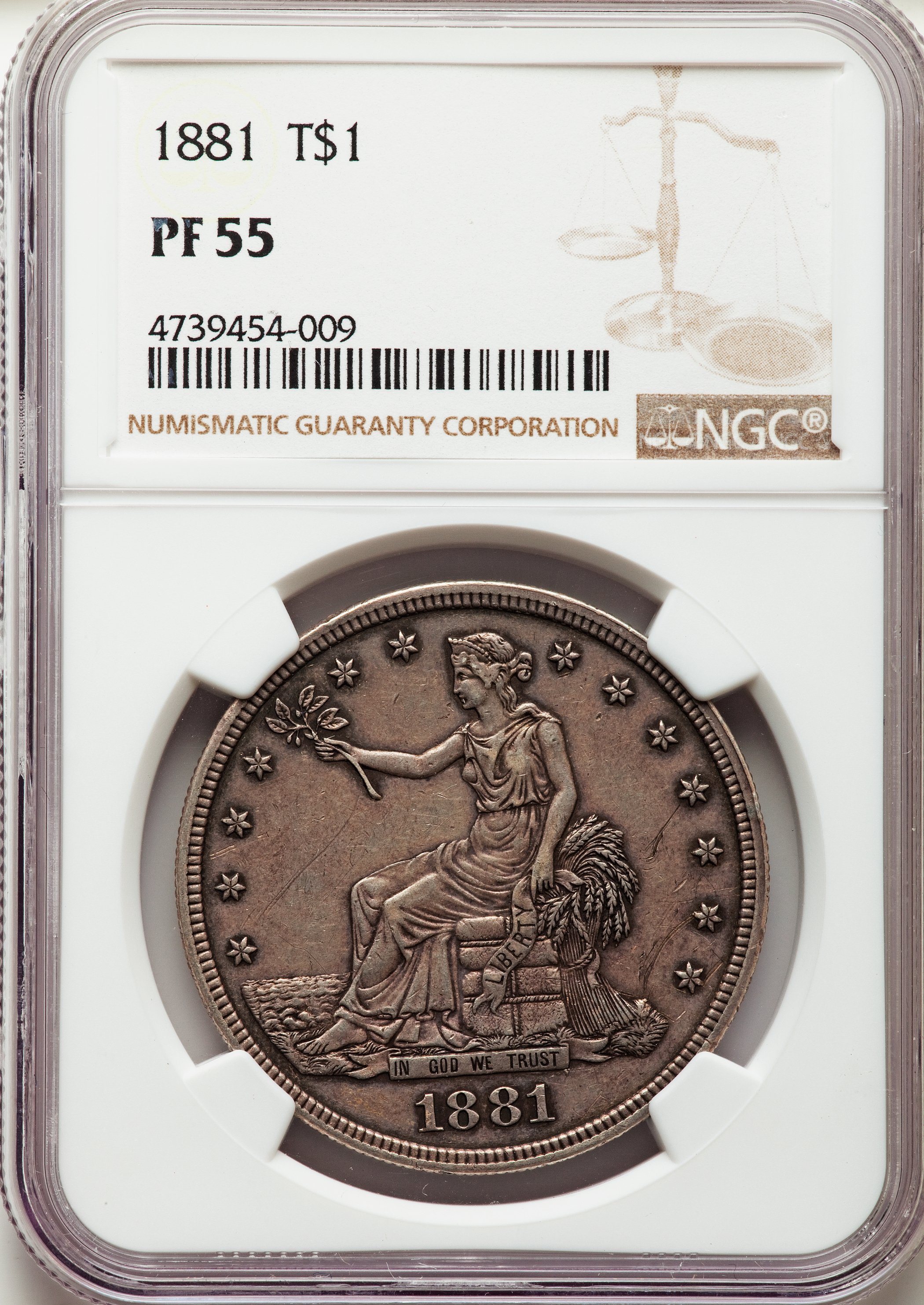 1881 T$1 PR55 NGC. NGC Census: (1/279). PCGS Population: (6/412). PR55. Mintage 960. ...