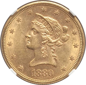 image for: 1880-S $10 MS62 NGC. CAC. NGC Census: (244/46). PCGS Population: (191/88). MS62. Mintage 506,250. ...