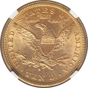 image for: 1880-S $10 MS62 NGC. CAC. NGC Census: (244/46). PCGS Population: (191/88). MS62. Mintage 506,250. ...