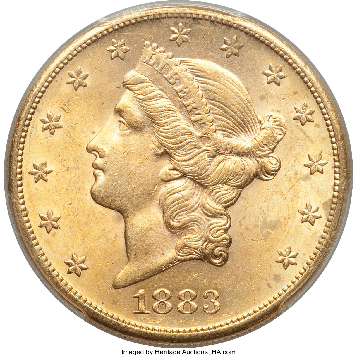 image for: 1883-S $20 MS62 PCGS. PCGS Population: (1119/273). NGC Census: (501/100). CDN: $1,608.46.Whsle. Bid for problem-free NGC/PC...