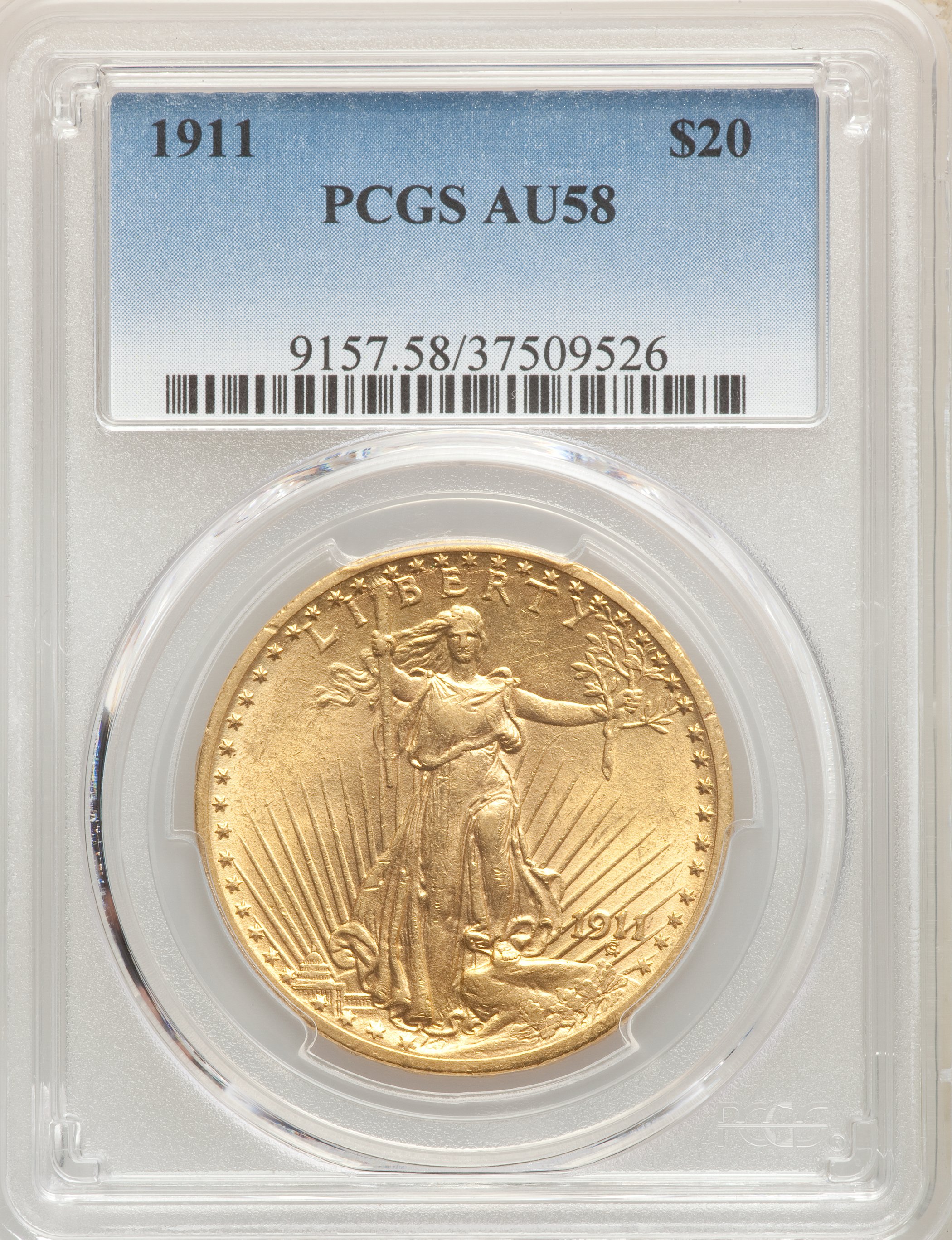 1911 $20 AU58 PCGS. PCGS Population: (310/2518). NGC Census: (245/2489). AU58. Mintage 197,250. ...
