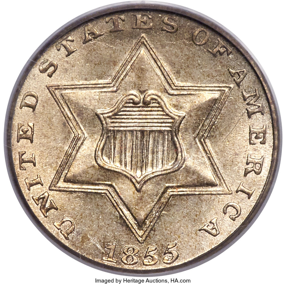 image for: 1855 3CS MS65 PCGS. CAC. Flynn RPD-002, Repunched Date....