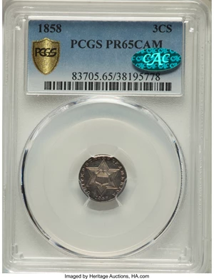 image for: 1858 3CS PR65 Cameo PCGS. CAC....