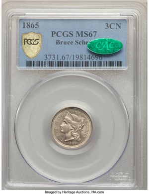 image for: 1865 3CN MS67 PCGS. CAC....