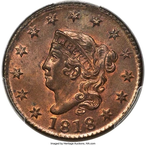 image for: 1818 1C N-9, R.3, MS66 Red and Brown PCGS....