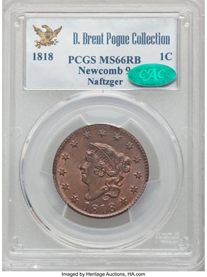image for: 1818 1C N-9, R.3, MS66 Red and Brown PCGS....
